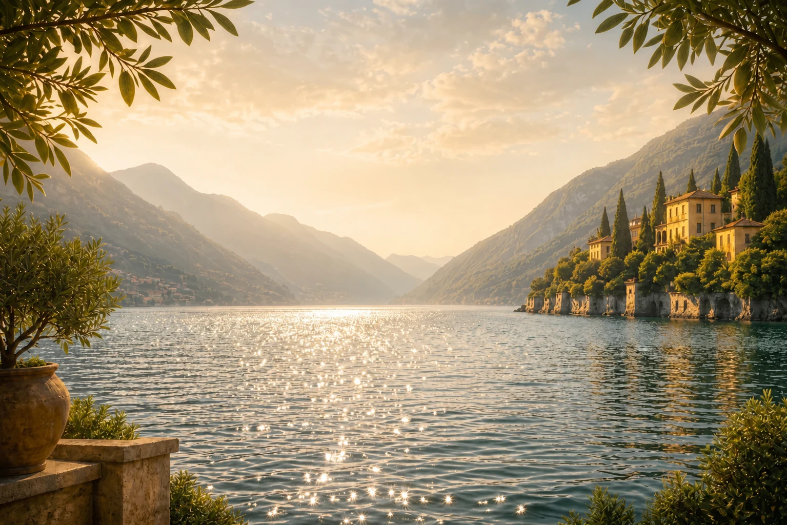Sunlight over the lake beside the future lake house table